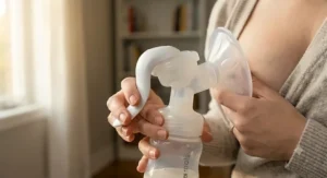 A close-up illustration highlighting the ergonomic handle of a manual breast pump designed to reduce hand fatigue for pumping moms.