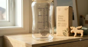 Close-up illustration of accurate millilitre and ounce measurement markings on clear glass baby bottles.