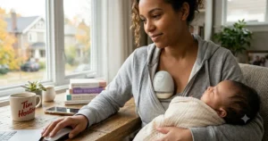 Illustration of a mother using a discreet, hands-free wearable breast pump while carrying a baby.