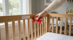 A close-up graphic of a nursery crib showing a Health Canada compliance symbol, demonstrating how to choose safe baby furniture by checking regulations.