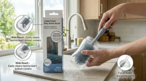 A parent using a flexible baby bottle brush to clean hard-to-reach bottom corners of a wide-neck baby bottle.