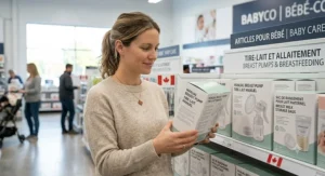 A stylized illustration of a manual breast pump package featuring bilingual English and French text (tire-lait manuel) for Canadian consumers.