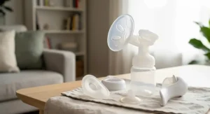 An instructional illustration detailing the components of a manual breast pump, including the silicone flange, ergonomic handle, and milk bottle.