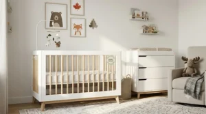 Minimalist white wooden baby crib from a modern nursery furniture set under $1000, certified to meet Health Canada safety standards.