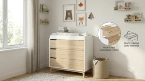 Modern 3-drawer nursery dresser with a removable changing pad topper, showcasing space-saving furniture for Canadian nurseries.