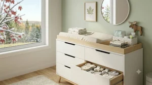 Open drawer detail of a modern nursery furniture changing dresser, showing neatly organized baby clothes and organic cotton swaddles.