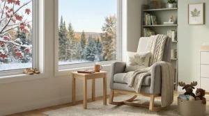 Comfortable gray fabric glider chair and ottoman from a modern nursery furniture collection, styled with a cozy knit blanket.
