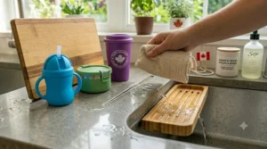 Multi-purpose bottle drying rack being used for toddler sippy cups and adult travel mugs in a Canadian household.