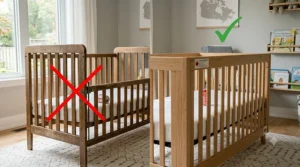 Eco-friendly and non-toxic paint certifications on a wooden rocking chair, highlighting chemical safety when researching how to choose safe baby furniture.
