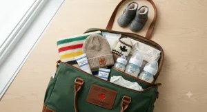 A photorealistic 4K flat-lay illustration of a quality diaper bag with essential Canadian winter gear, like a merino wool beanie and Hudson's Bay striped blanket, and three insulated, best anti-colic baby bottles ready for an outing.