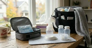 Stylized drawing of a compact manual breast pump and a diaper bag, highlighting its portable design for travel.