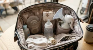 An illustration of a compact manual breast pump packed neatly inside a diaper bag next to a Canadian passport and travel mug.