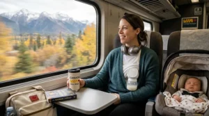 A mother waiting for a VIA Rail train, listening to music with a compact, portable wearable breast pump hidden under her sweater.