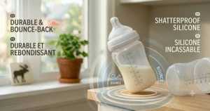 A durable, shatterproof silicone baby bottle bouncing safely, ideal for active Canadian families on the go.