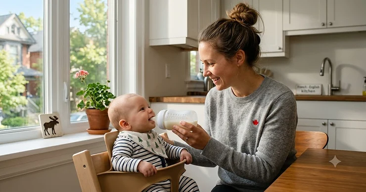 A Canadian mother feeding her infant using a premium silicone baby bottle in a bright, modern Toronto home kitchen.