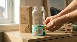 Colourful protective silicone sleeve on glass baby bottles to prevent breakage during active Canadian family travel.
