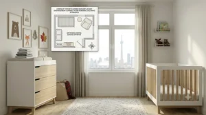Floor plan illustration of a compact Canadian condo bedroom optimized with a modern nursery furniture set under $1000.