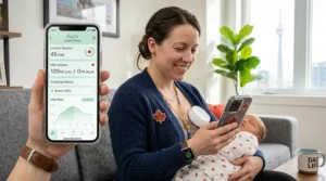 A close-up illustration of a smartphone screen tracking milk volume from a smart wearable breast pump, featuring a maple leaf UI accent.