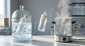Infographic demonstrating thermal shock resistant glass baby bottles safely transitioning from Canadian winter freezing temperatures to boiling water.