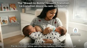 A workflow diagram illustrating a smooth transition between breastfeeding and using wide neck baby bottles for breastfed babies for working Canadian moms.