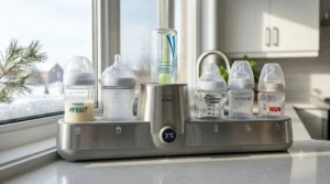 Graphic illustration demonstrating how the best bottle warmer fits all major glass and plastic baby bottle brands.