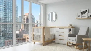 Space-saving modern nursery furniture including a mini crib and changer combo designed for a compact Toronto condo nursery.
