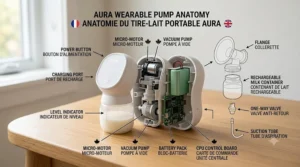 A diagram showing the parts of a wearable breast pump with English and French text labels for Canadian consumers.