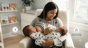 Scientific illustration comparing a natural breastfeeding latch to the wide latch achieved on wide neck baby bottles for breastfed babies.