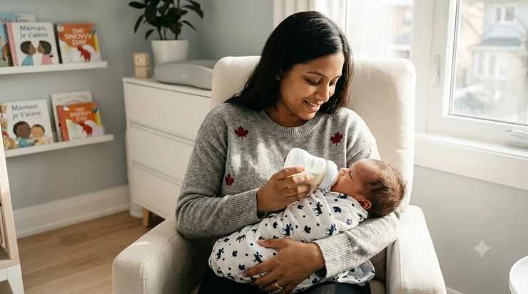 A Canadian mother feeding her newborn using a wide neck baby bottle designed for breastfed babies to prevent nipple confusion, in a bright Toronto nursery. wide neck baby bottles for breastfed babies wide neck baby bottles for breastfed babies