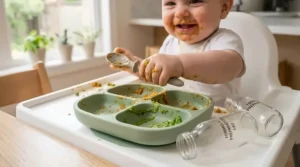 Colorful illustration of a happy Canadian toddler practicing self-feeding and baby-led weaning using a non-slip suction plate.