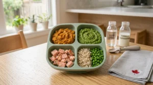 Divided suction plate for babies illustrated with balanced portions of fruits, vegetables, and grains, aligned with the Canada Food Guide.