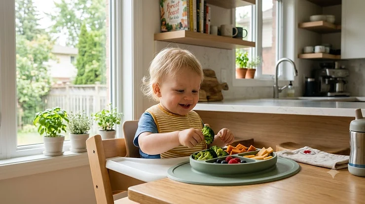 A premium silicone suction plate for babies filled with healthy finger foods on a highchair tray in a bright, modern Canadian kitchen.