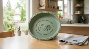 Infographic illustration highlighting 100% food-grade, BPA-free silicone used in suction plates for babies, meeting Canadian safety standards.