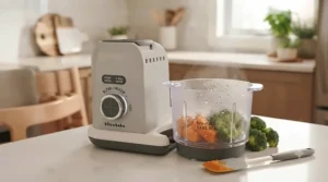 Portable storage containers filled with homemade purees made using a convenient baby food maker system.