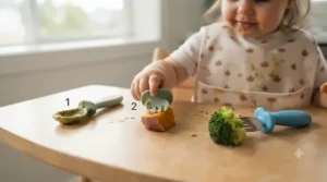 Step-by-step visual guide showing how pre-spooners and toddler forks support the baby-led weaning journey across Canada.