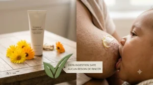A safety illustration explaining that this food-grade nipple cream for breastfeeding does not need to be washed off before nursing your baby.