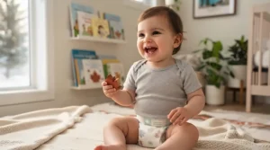 Happy baby wearing comfortable disposable diapers, highlighting breathable and hypoallergenic day-to-day wear.