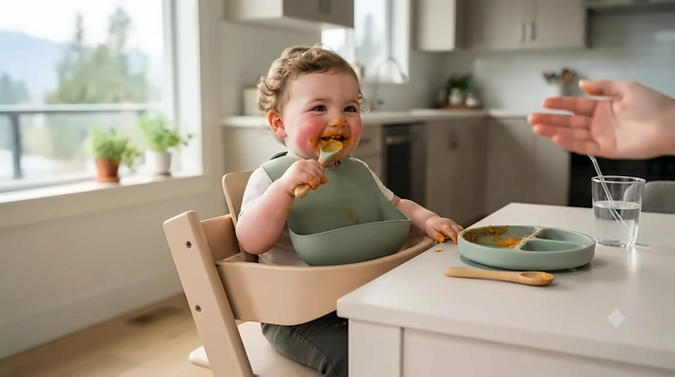 A happy baby wearing one of the best baby bibs in Canada, sitting in a high chair during mealtime.