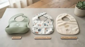 Comparison chart showing silicone, cotton, and waterproof materials for the best baby bibs available across Canada.