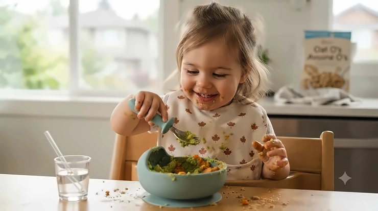 A happy Canadian toddler using safe, ergonomic self-feeding cutlery, showcasing the best baby utensils for starting solid foods in Canada.