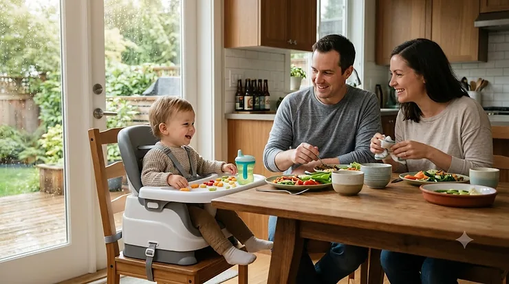 A happy Canadian family at a wooden dining table in a bright Vancouver home, where a toddler sits safely in a modern booster seat for eating that is securely strapped to a standard dining chair.