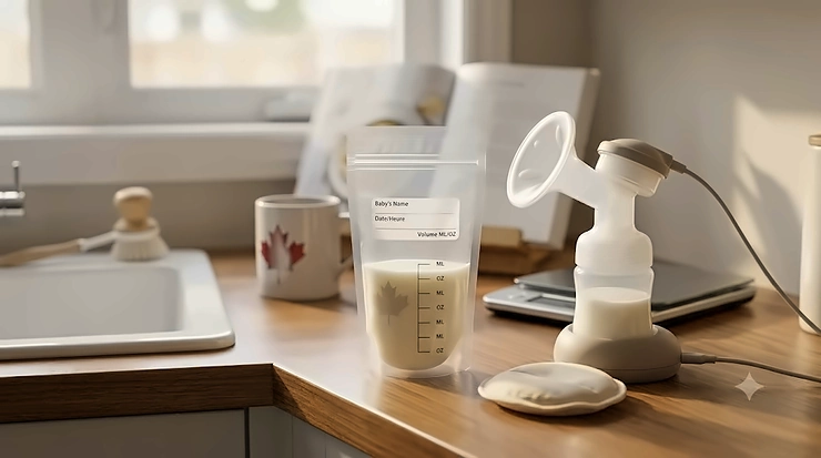 A filled breast milk storage bag sits on a clean kitchen counter next to a pump, offering reliable milk preservation for Canadian moms.