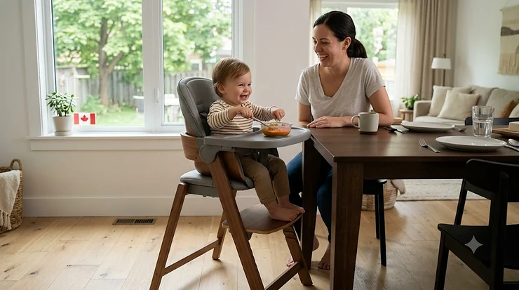 A toddler sitting in a modern convertible high chair at a Canadian family dining table during mealtime.