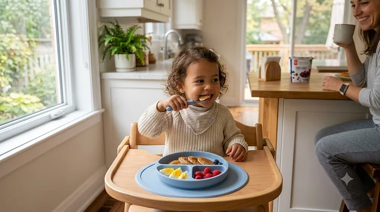 A Canadian toddler using a blue silicone divided plate during breakfast, featuring pancakes with real maple syrup and fresh berries, showcasing a balanced toddler meal. divided plates for toddlers