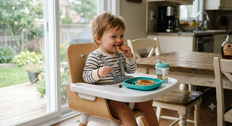 A toddler smiling in the best high chair for Canadian homes, eating pancakes in a bright, modern kitchen.