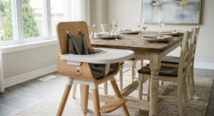 A stylish wooden high chair that complements modern Canadian home decor and interior design.