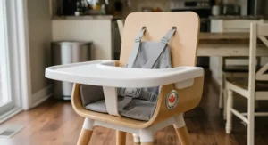 Illustration highlighting the safety features of the best high chair, showcasing a 5-point harness compliant with Canadian safety standards.
