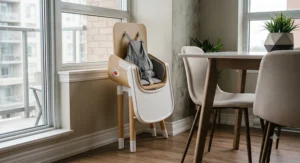 An illustration of a compact, folding high chair designed to fit perfectly in a smaller Canadian condo or apartment.