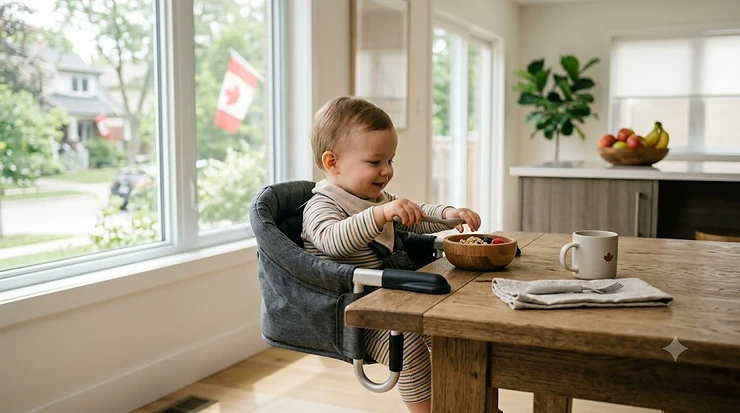 A sleek grey hook on high chair securely attached to an oak dining table in a modern Canadian apartment.