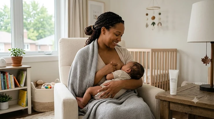 A Canadian mother comfortably breastfeeding her newborn baby in a bright nursery with a tube of soothing nipple cream for breastfeeding on the table.